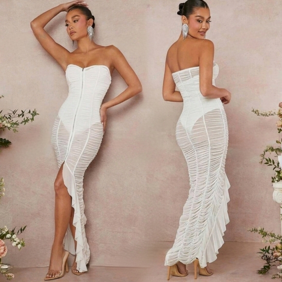 SOLD NWT Haute White Zip-Up Split Ruffle Ruched Mesh Dress Sz Medium - Picture 1 of 7